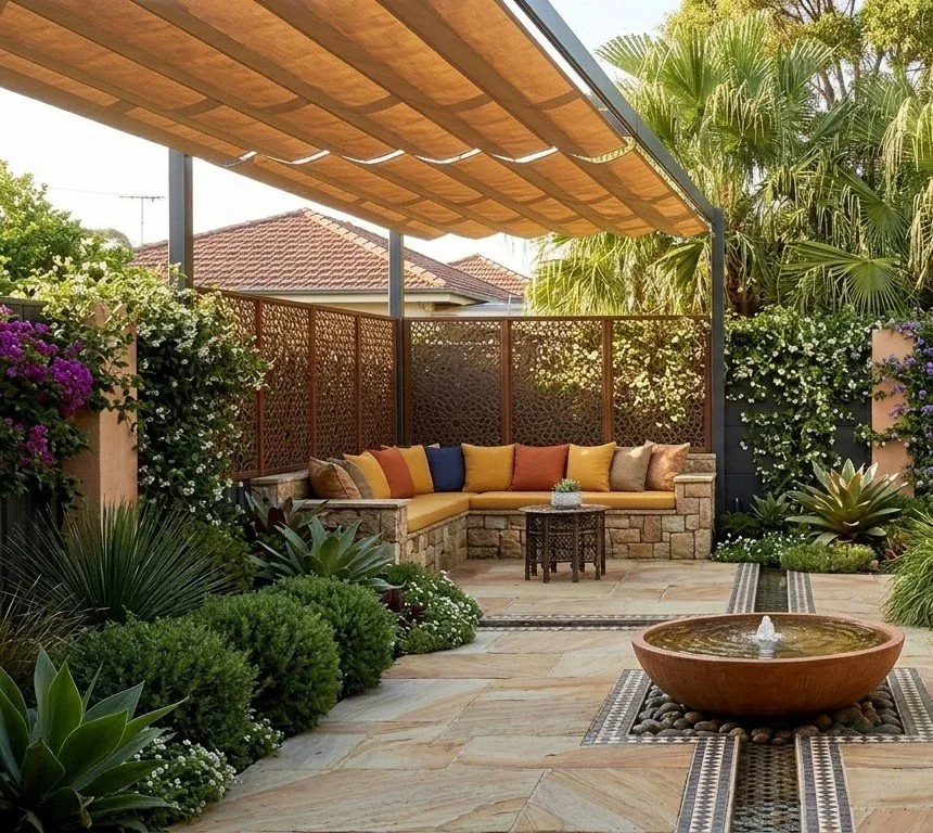 Moroccan-style landscaped courtyard with seating and a water feature